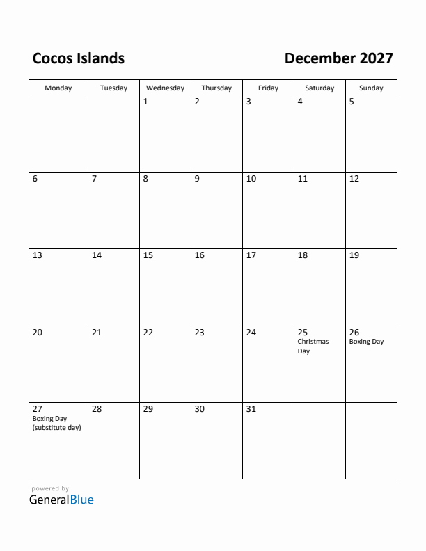 December 2027 Calendar with Cocos Islands Holidays