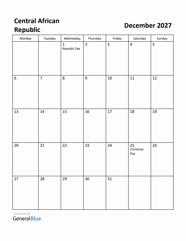 December 2027 Calendar with Central African Republic Holidays