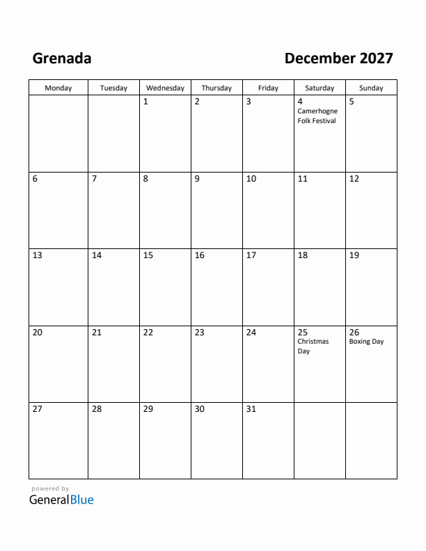 December 2027 Calendar with Grenada Holidays