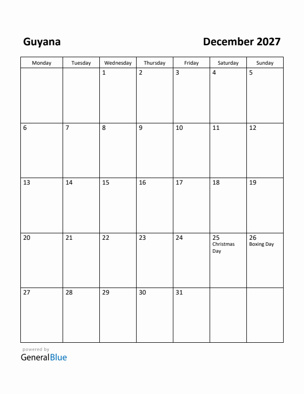 December 2027 Calendar with Guyana Holidays