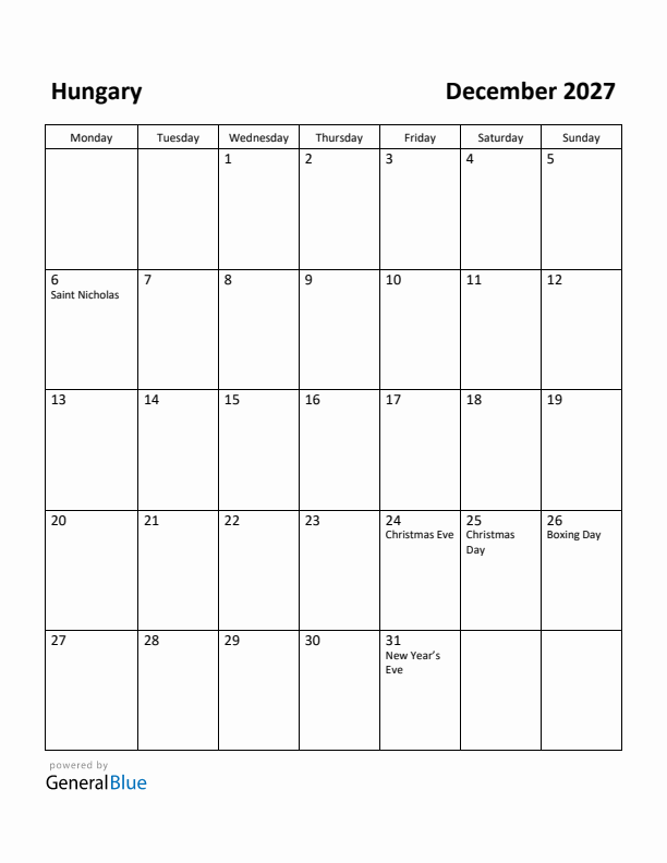 December 2027 Calendar with Hungary Holidays