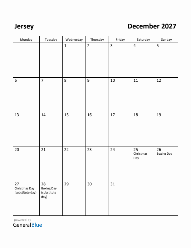 December 2027 Calendar with Jersey Holidays