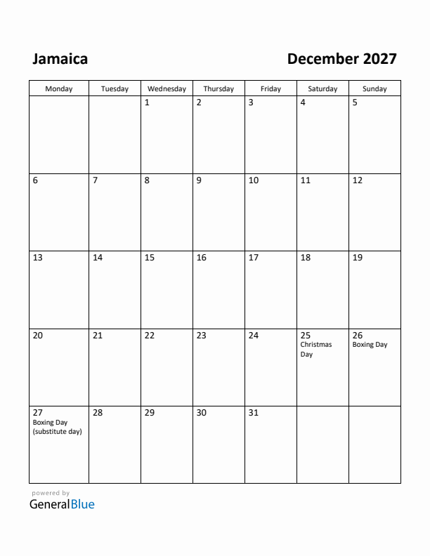 December 2027 Calendar with Jamaica Holidays