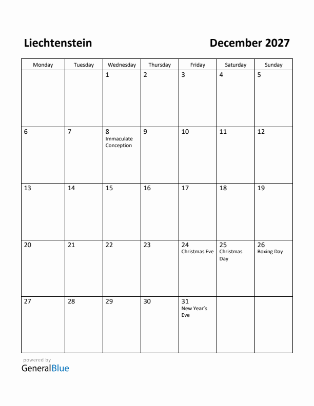 December 2027 Calendar with Liechtenstein Holidays