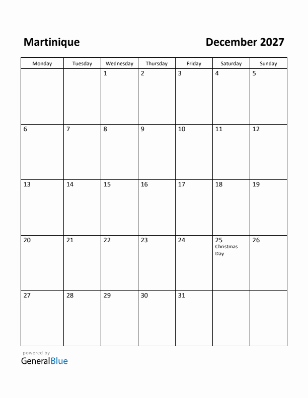December 2027 Calendar with Martinique Holidays