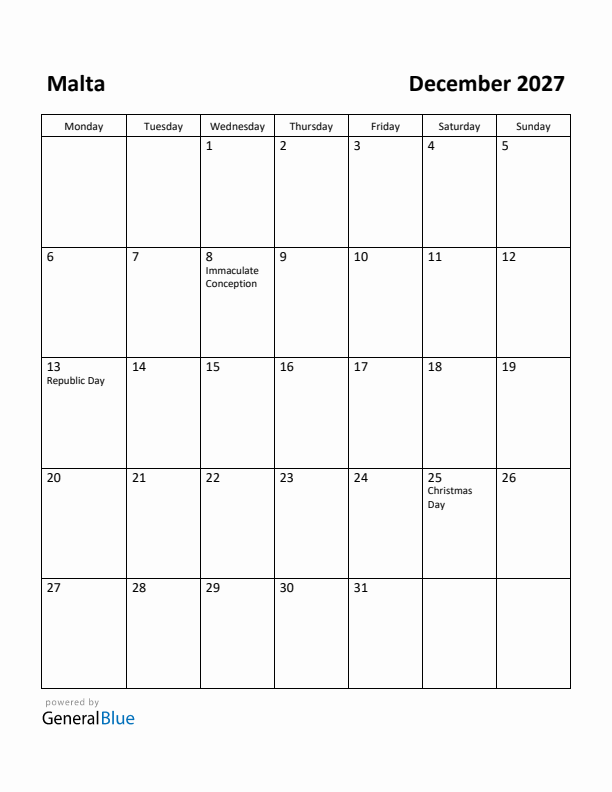 December 2027 Calendar with Malta Holidays