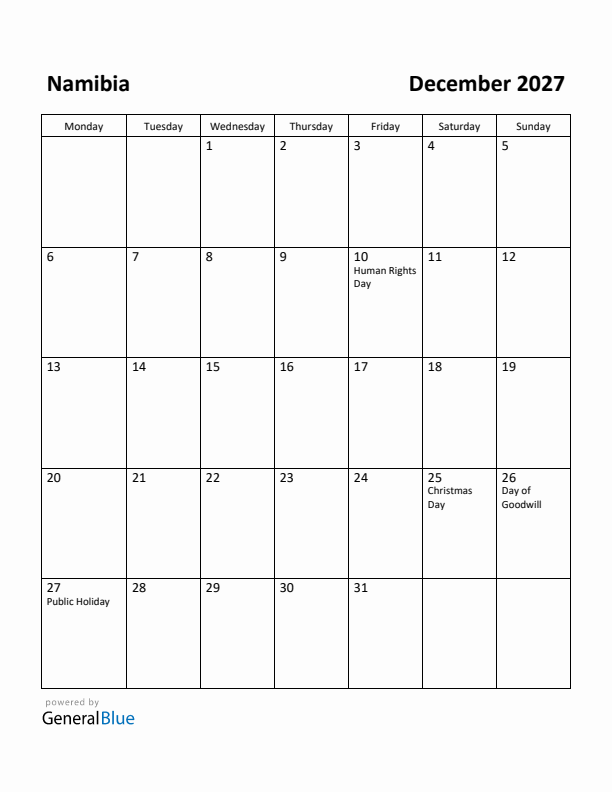 December 2027 Calendar with Namibia Holidays