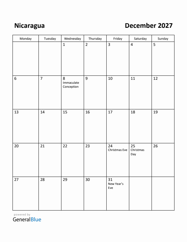 December 2027 Calendar with Nicaragua Holidays