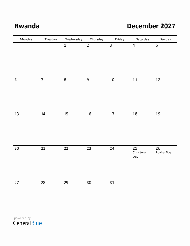 December 2027 Calendar with Rwanda Holidays