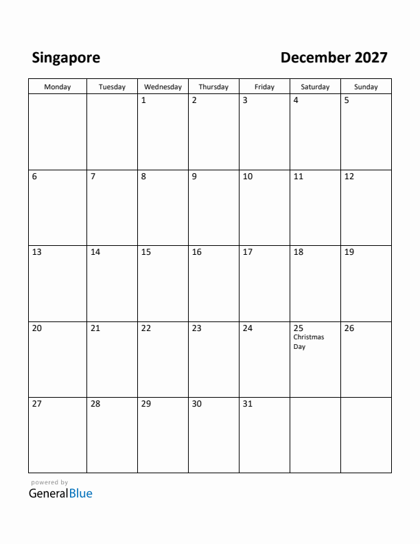 December 2027 Calendar with Singapore Holidays
