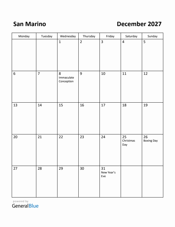 December 2027 Calendar with San Marino Holidays