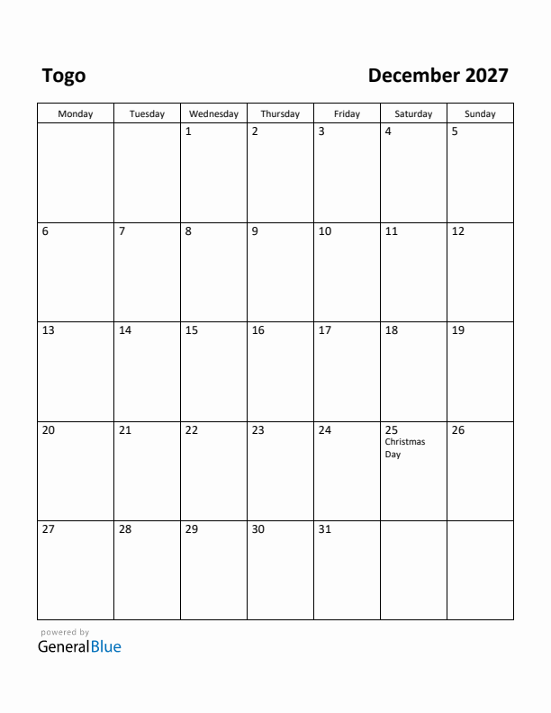 December 2027 Calendar with Togo Holidays