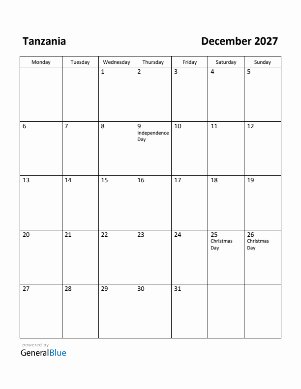 December 2027 Calendar with Tanzania Holidays