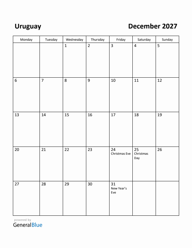 December 2027 Calendar with Uruguay Holidays