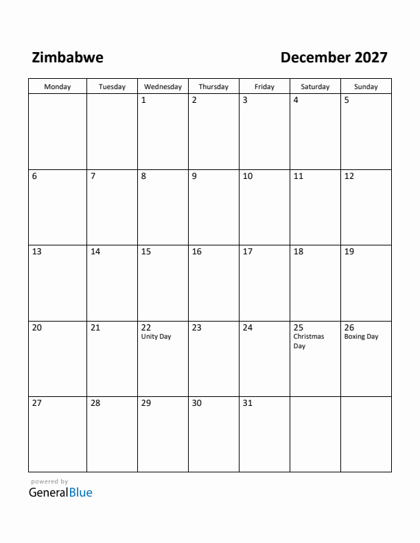 December 2027 Calendar with Zimbabwe Holidays