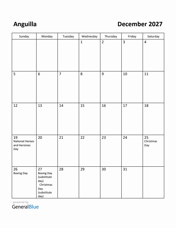 December 2027 Calendar with Anguilla Holidays