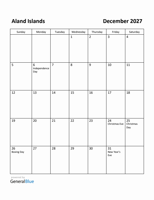 December 2027 Calendar with Aland Islands Holidays