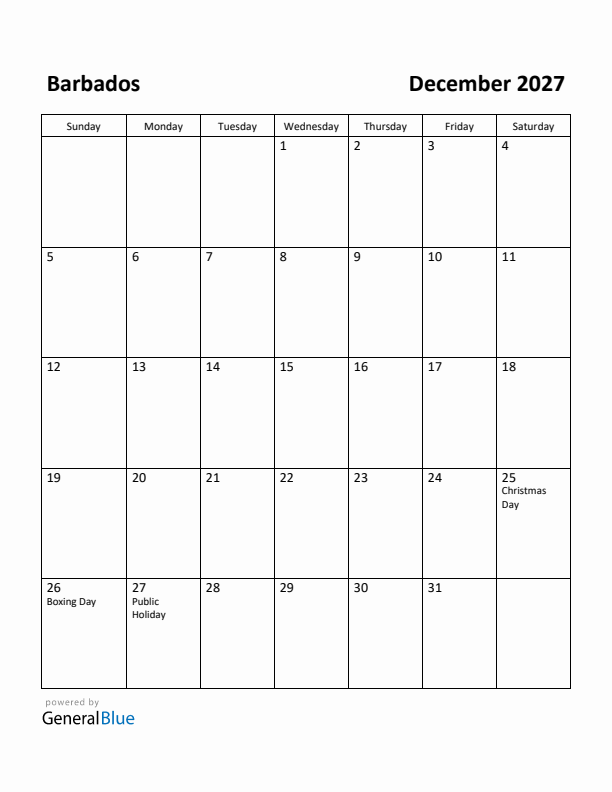 December 2027 Calendar with Barbados Holidays