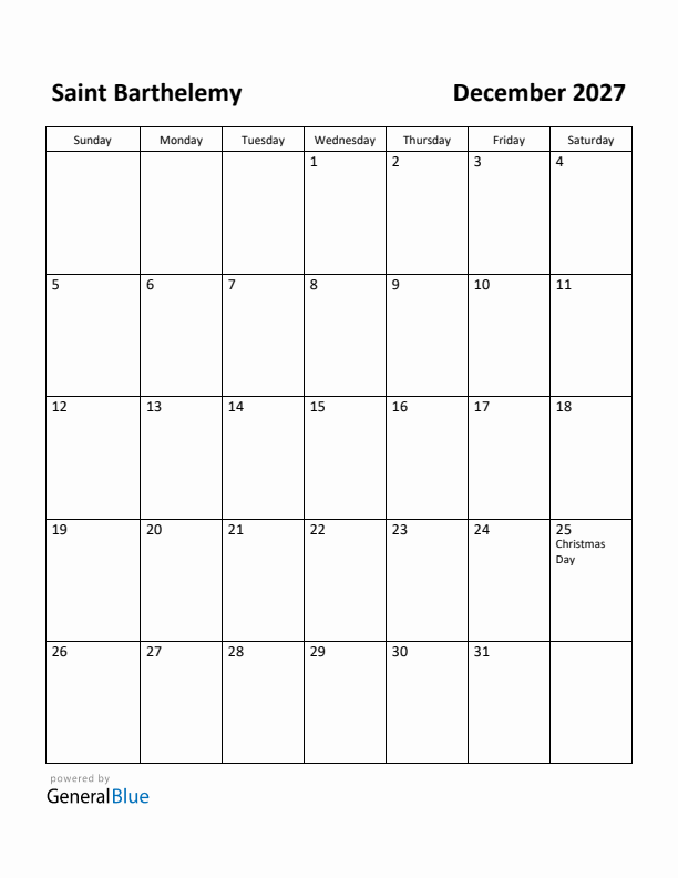 December 2027 Calendar with Saint Barthelemy Holidays
