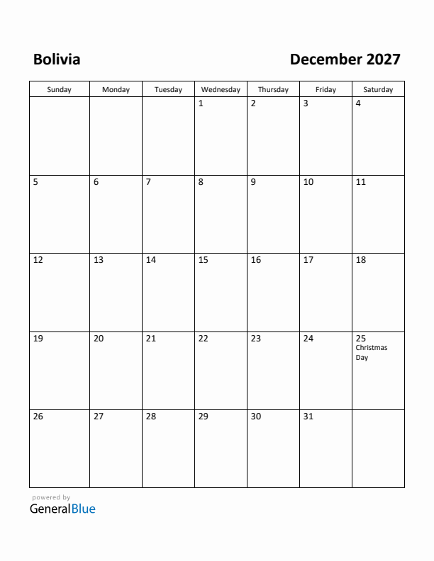 December 2027 Calendar with Bolivia Holidays