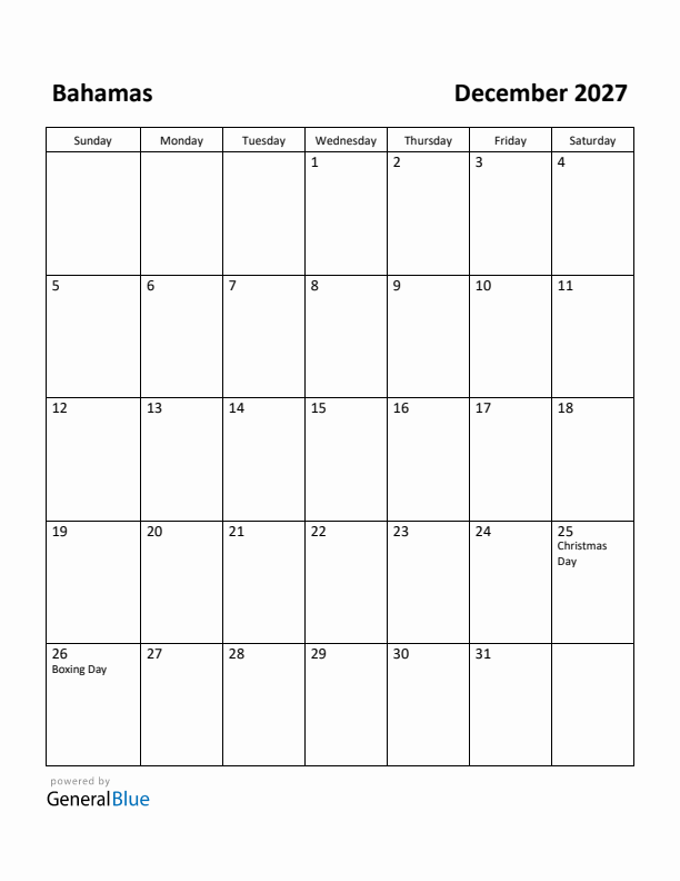 December 2027 Calendar with Bahamas Holidays