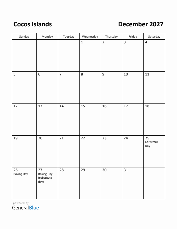 December 2027 Calendar with Cocos Islands Holidays