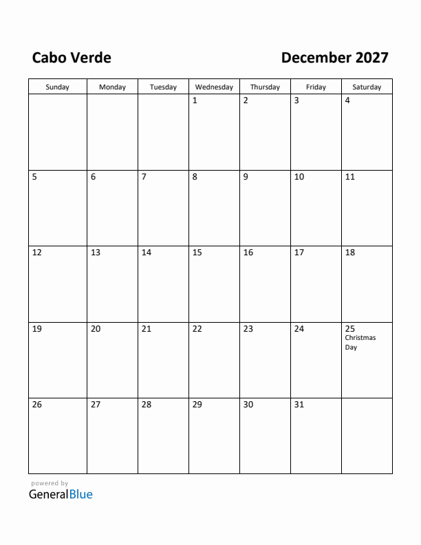 December 2027 Calendar with Cabo Verde Holidays