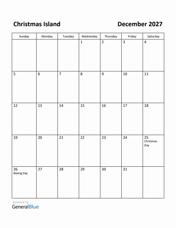 December 2027 Calendar with Christmas Island Holidays