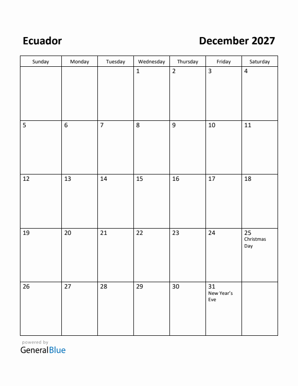 December 2027 Calendar with Ecuador Holidays
