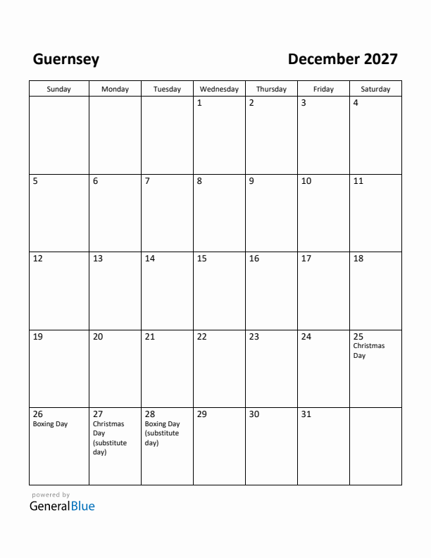 December 2027 Calendar with Guernsey Holidays