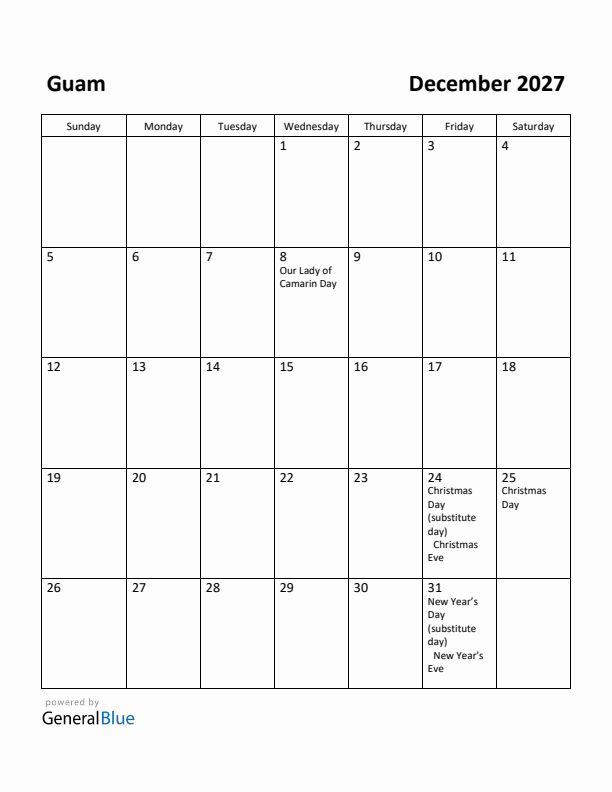 December 2027 Calendar with Guam Holidays