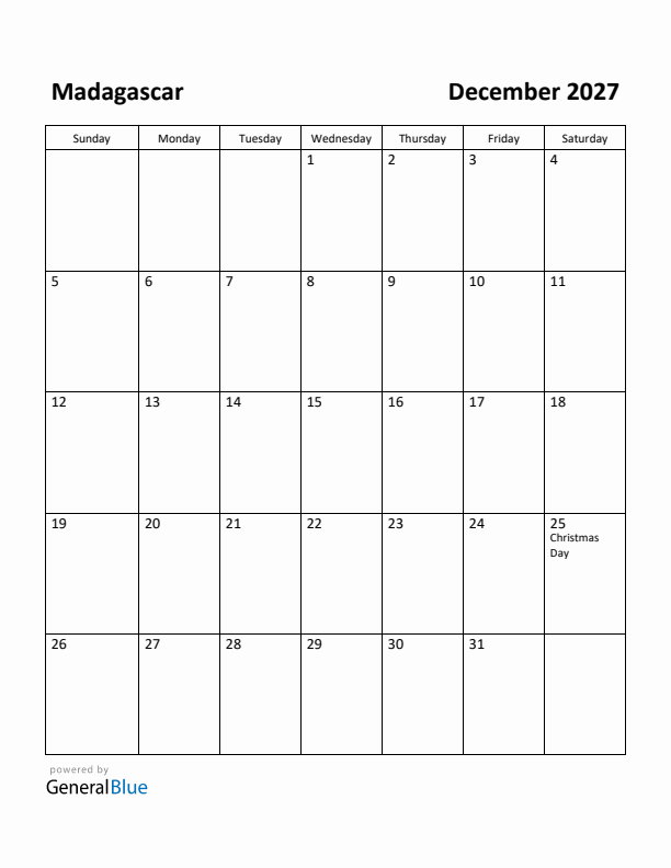 December 2027 Calendar with Madagascar Holidays