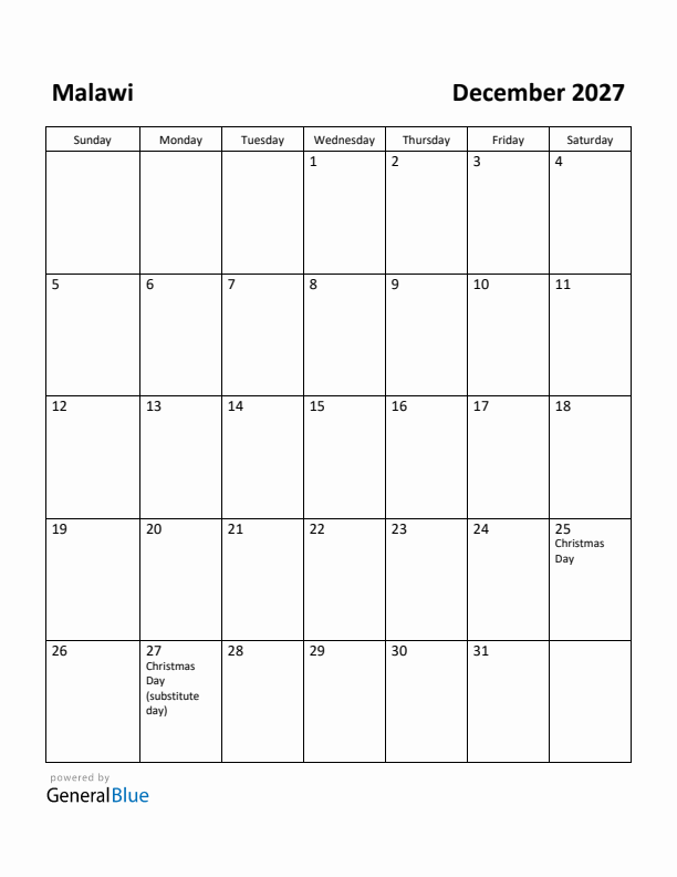 December 2027 Calendar with Malawi Holidays