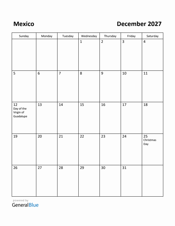 December 2027 Calendar with Mexico Holidays