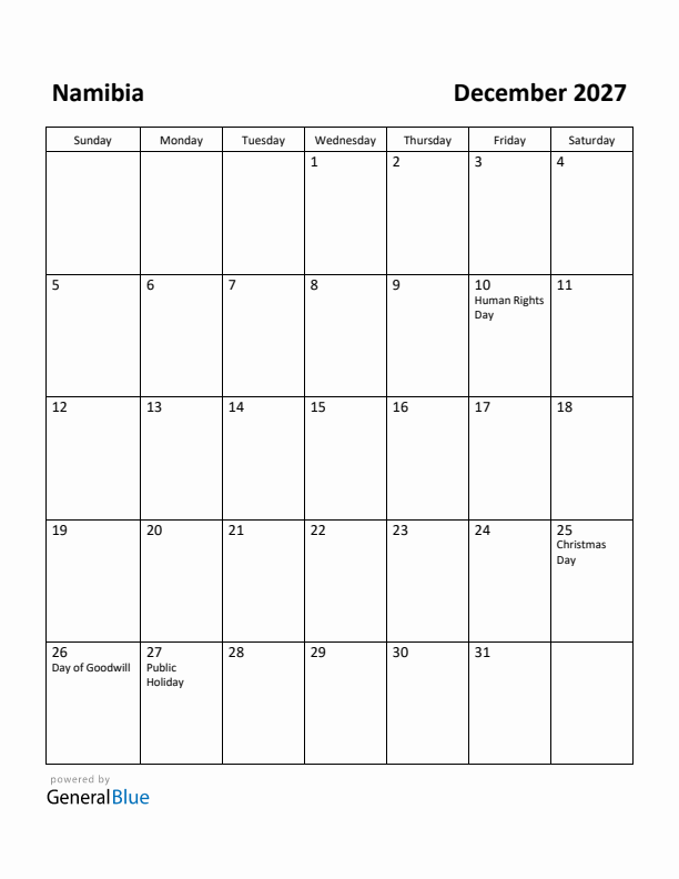 December 2027 Calendar with Namibia Holidays