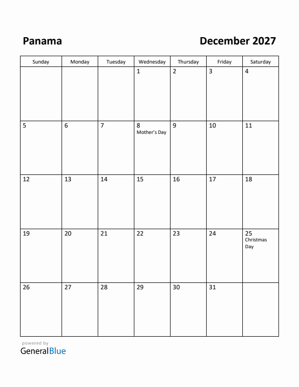 December 2027 Calendar with Panama Holidays