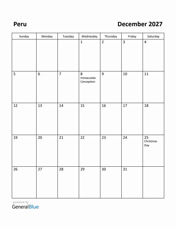 December 2027 Calendar with Peru Holidays