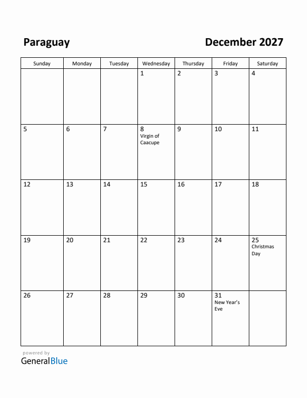 December 2027 Calendar with Paraguay Holidays