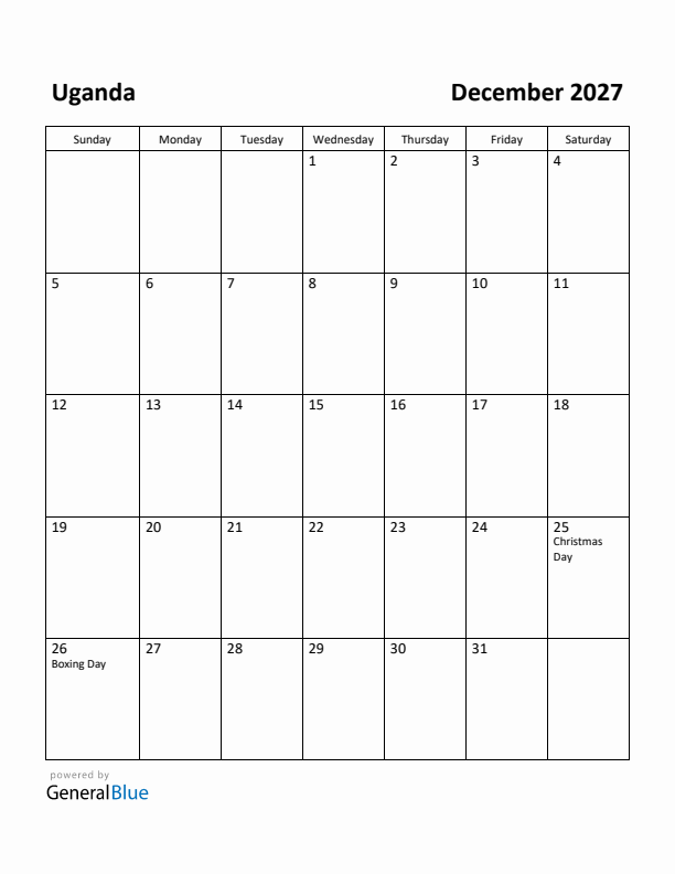 December 2027 Calendar with Uganda Holidays