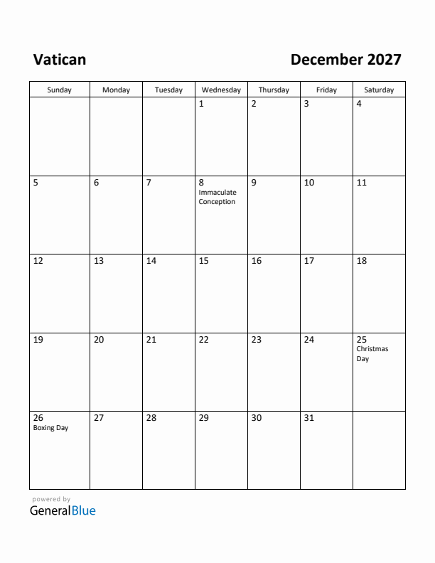 December 2027 Calendar with Vatican Holidays