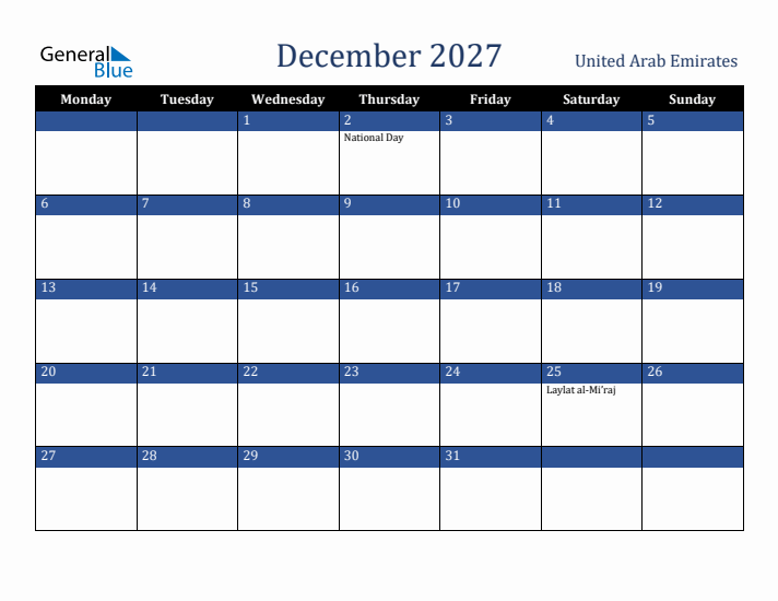 December 2027 United Arab Emirates Calendar (Monday Start)