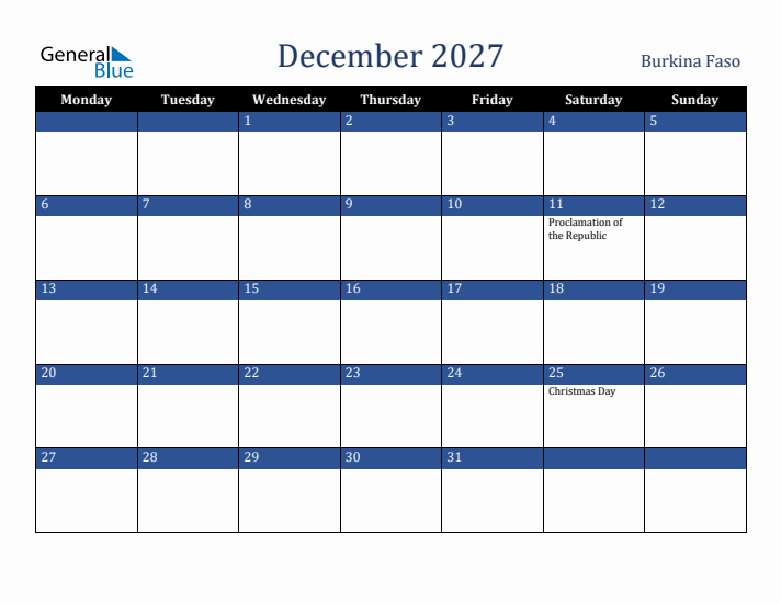 December 2027 Burkina Faso Calendar (Monday Start)