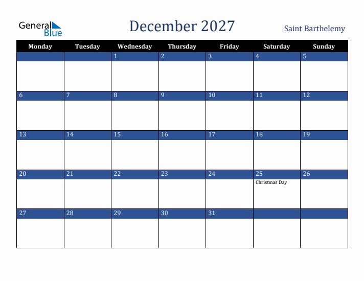 December 2027 Saint Barthelemy Calendar (Monday Start)