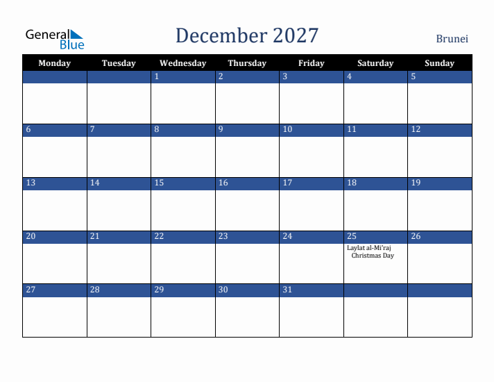 December 2027 Brunei Calendar (Monday Start)