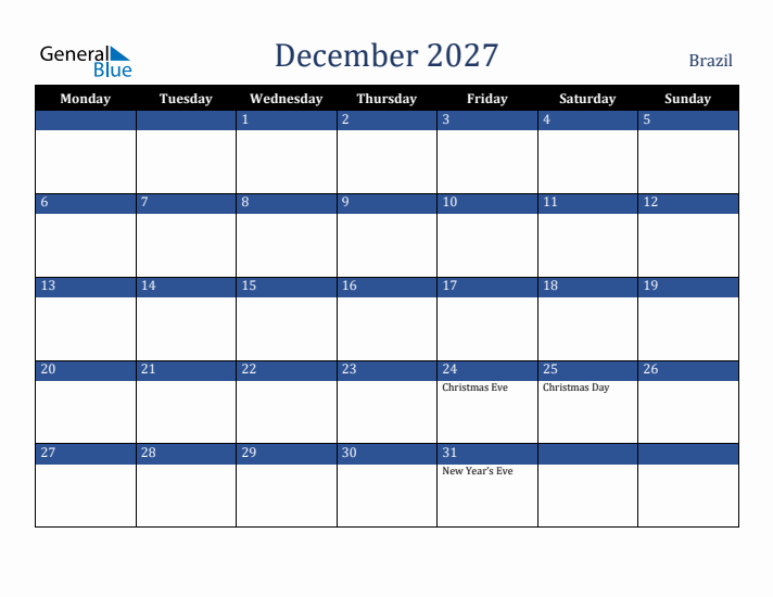 December 2027 Brazil Calendar (Monday Start)