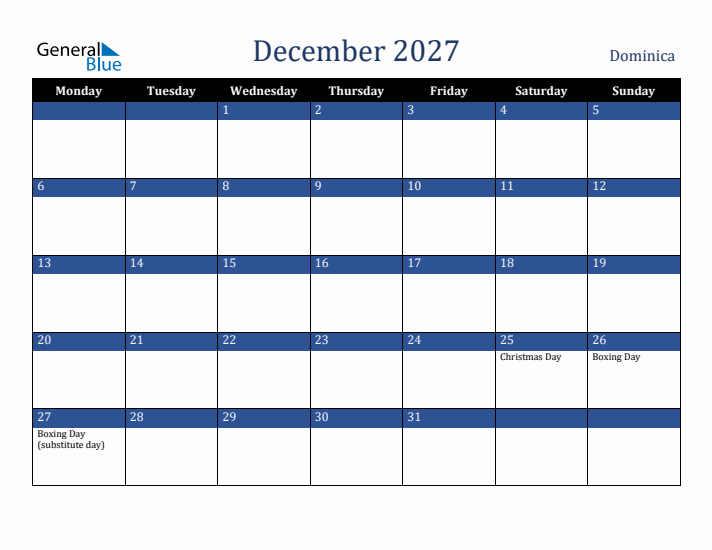 December 2027 Dominica Calendar (Monday Start)