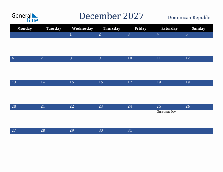 December 2027 Dominican Republic Calendar (Monday Start)