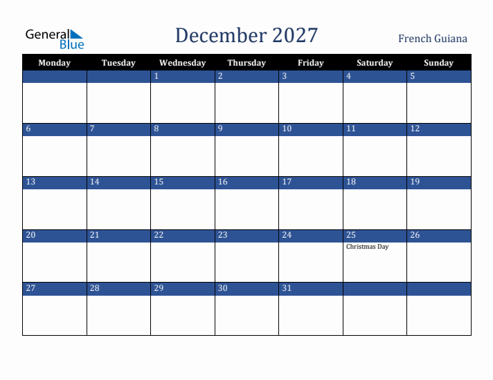 December 2027 French Guiana Calendar (Monday Start)