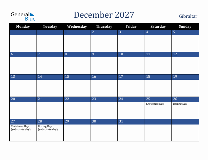 December 2027 Gibraltar Calendar (Monday Start)