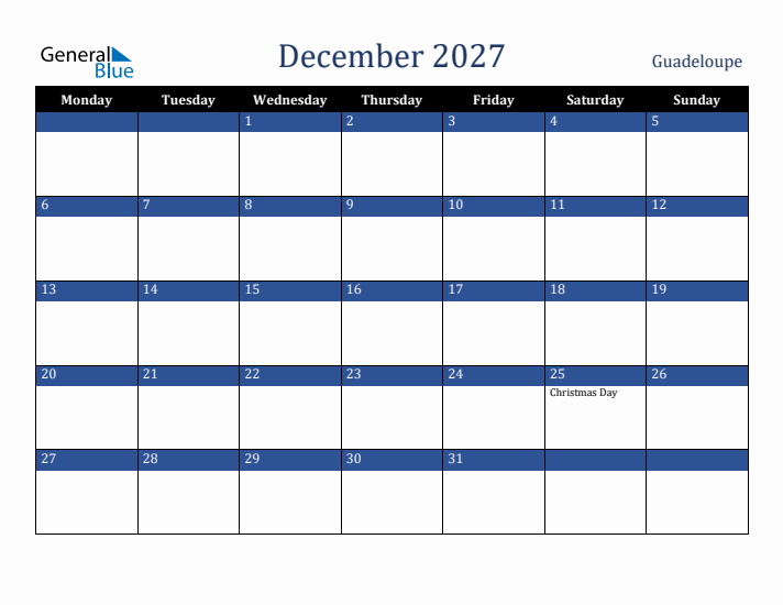 December 2027 Guadeloupe Calendar (Monday Start)